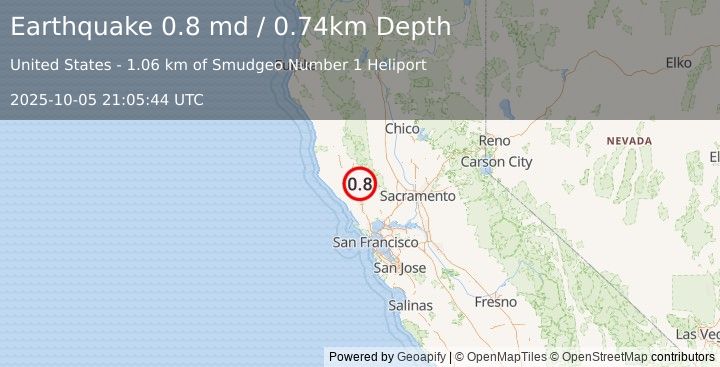 Earthquake 1 km NW of The Geysers, CA (0.8 md) (2025-10-05 21:05:44 UTC)