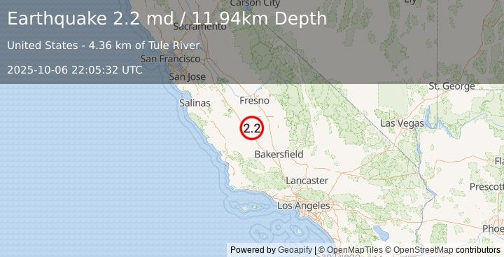 Earthquake 9 km E of Kettleman City, CA (2.2 md) (2025-10-06 22:05:32 UTC)