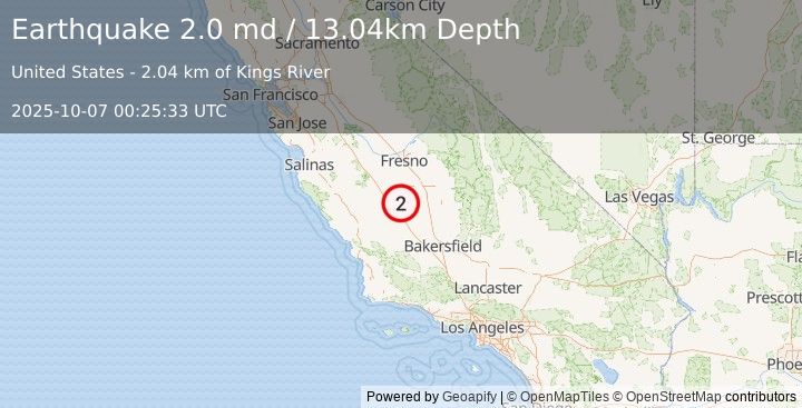 Earthquake 11 km ENE of Kettleman City, CA (2.0 md) (2025-10-07 00:25:33 UTC)