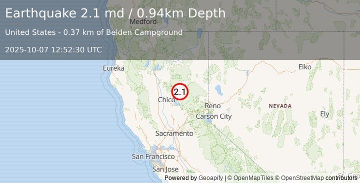 Earthquake 1 km SSE of Belden, CA (2.1 md) (2025-10-07 12:52:30 UTC)