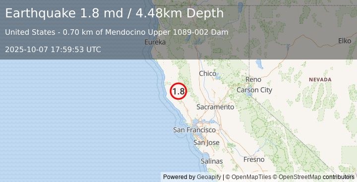 Earthquake 4 km ESE of Talmage, CA (1.8 md) (2025-10-07 17:59:53 UTC)