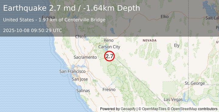 Earthquake 7 km SE of Markleeville, CA (2.7 md) (2025-10-08 09:50:29 UTC)