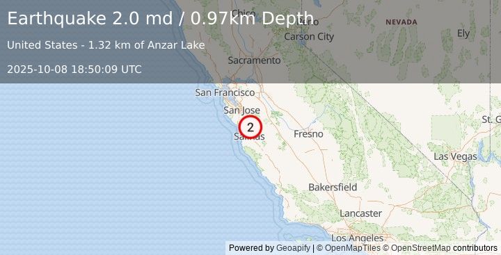 Earthquake 2 km E of Aromas, CA (2.0 md) (2025-10-08 18:50:09 UTC)