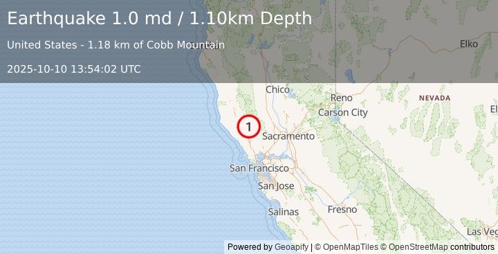 Earthquake 2 km NNE of The Geysers, CA (1.0 md) (2025-10-10 13:54:02 UTC)