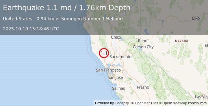 Earthquake 2 km NNE of The Geysers, CA (1.1 md) (2025-10-10 15:18:46 UTC)