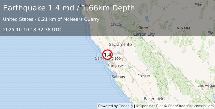 Earthquake 7 km ESE of Santa Venetia, CA (1.4 md) (2025-10-10 18:32:38 UTC)