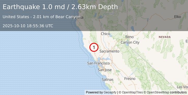 Earthquake 6 km NW of The Geysers, CA (1.0 md) (2025-10-10 18:55:36 UTC)