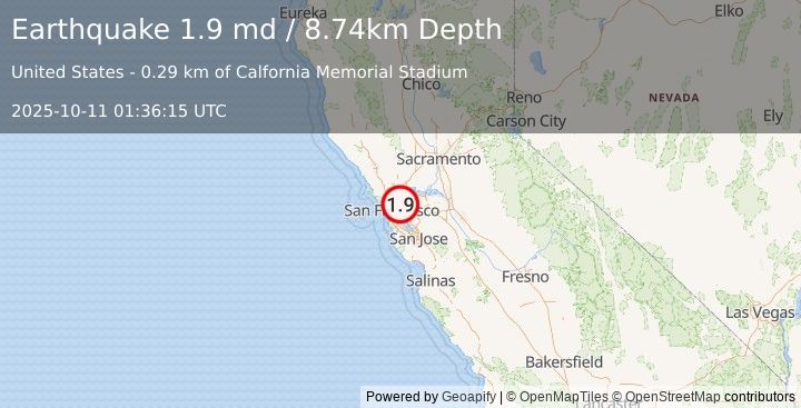 Earthquake 2 km E of Berkeley, CA (1.9 md) (2025-10-11 01:36:15 UTC)