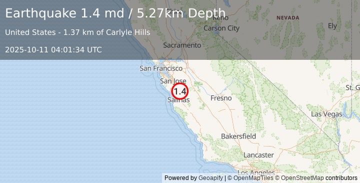Earthquake 5 km SSW of Gilroy, CA (1.4 md) (2025-10-11 04:01:34 UTC)