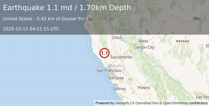 Earthquake 4 km W of Cobb, CA (1.1 md) (2025-10-11 04:51:15 UTC)