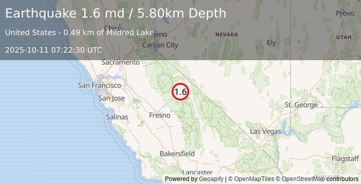 Earthquake 14 km SE of Mammoth Lakes, CA (1.6 md) (2025-10-11 07:22:30 UTC)