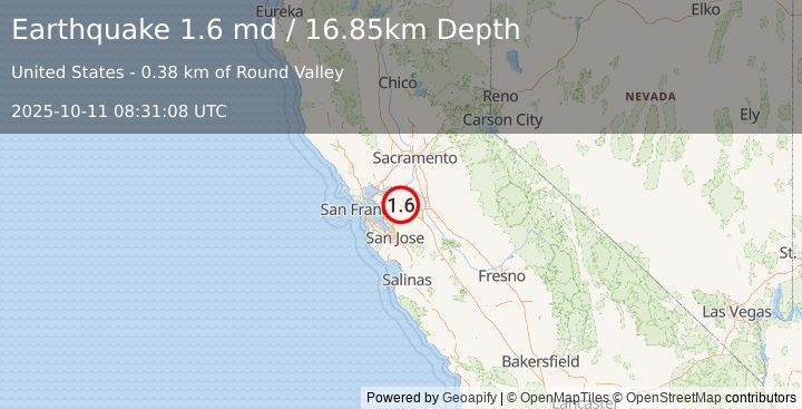 Earthquake 9 km SSW of Brentwood, CA (1.6 md) (2025-10-11 08:31:08 UTC)