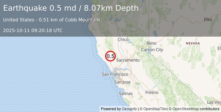 Earthquake 3 km SW of Cobb, CA (0.5 md) (2025-10-11 09:20:18 UTC)