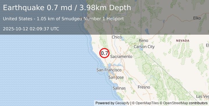 Earthquake 1 km NW of The Geysers, CA (0.7 md) (2025-10-12 02:09:37 UTC)