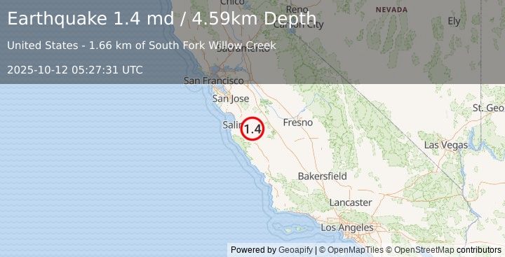 Earthquake 8 km NW of Pinnacles, CA (1.4 md) (2025-10-12 05:27:31 UTC)