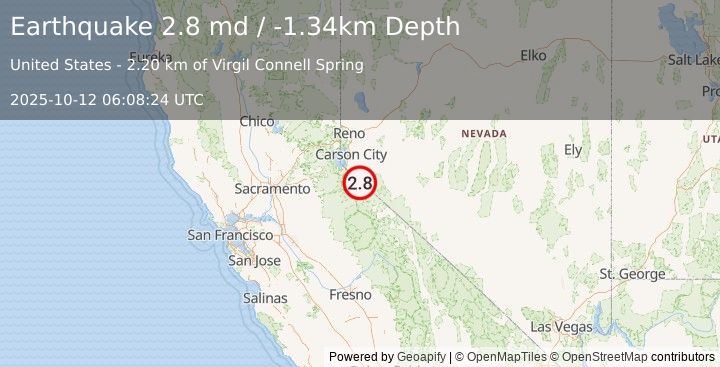 Earthquake 18 km NNW of Walker, CA (2.8 md) (2025-10-12 06:08:24 UTC)
