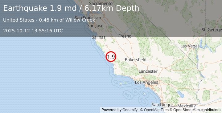 Earthquake 6 km W of Templeton, CA (1.9 md) (2025-10-12 13:55:16 UTC)