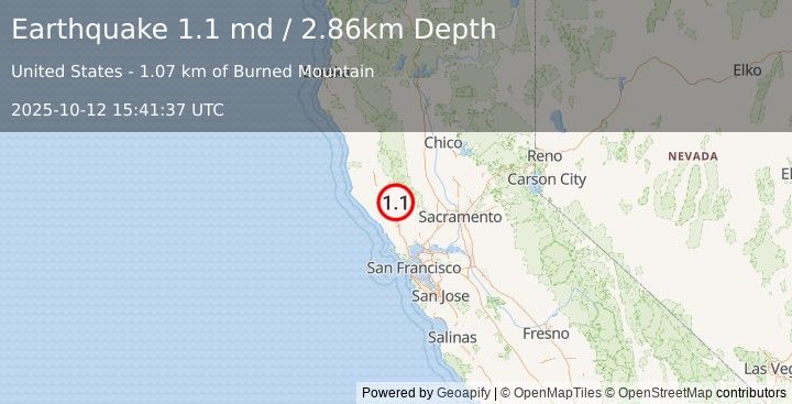 Earthquake 4 km NW of The Geysers, CA (1.1 md) (2025-10-12 15:41:37 UTC)