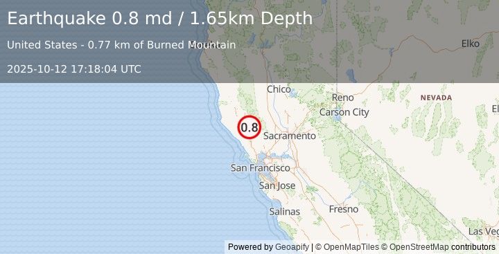 Earthquake 2 km NNW of The Geysers, CA (0.8 md) (2025-10-12 17:18:04 UTC)
