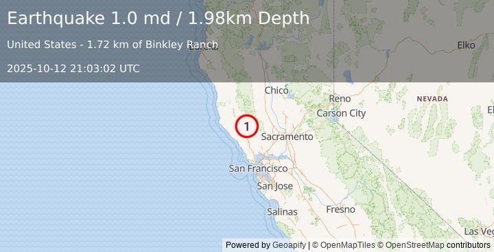 Earthquake 6 km WNW of Cobb, CA (1.0 md) (2025-10-12 21:03:02 UTC)