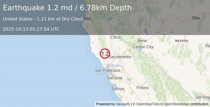 Earthquake 2 km NNW of Middletown, CA (1.2 md) (2025-10-13 01:17:54 UTC)