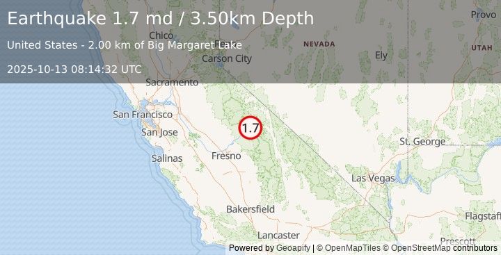 Earthquake 21 km S of Mammoth Lakes, CA (1.7 md) (2025-10-13 08:14:32 UTC)