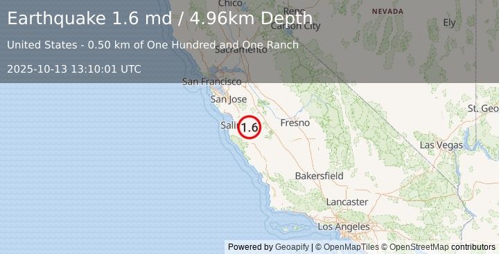 Earthquake 13 km NW of Pinnacles, CA (1.6 md) (2025-10-13 13:10:01 UTC)