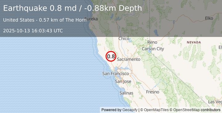 Earthquake 5 km S of The Geysers, CA (0.8 md) (2025-10-13 16:03:43 UTC)