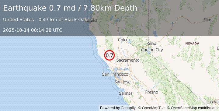 Earthquake 9 km NW of The Geysers, CA (0.7 md) (2025-10-14 00:14:28 UTC)
