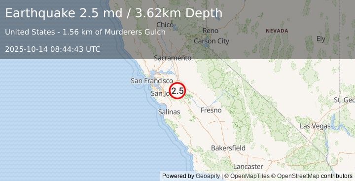 Earthquake 14 km WSW of Patterson, CA (2.5 md) (2025-10-14 08:44:43 UTC)