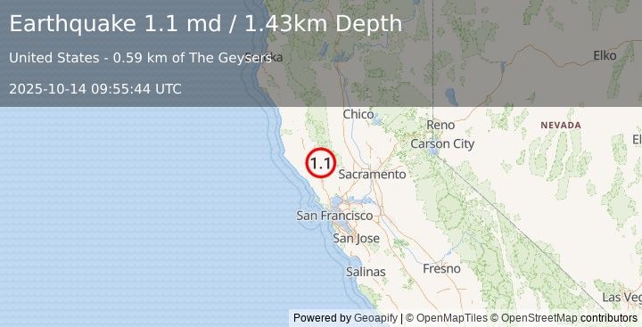 Earthquake 0 km NNW of The Geysers, CA (1.1 md) (2025-10-14 09:55:44 UTC)