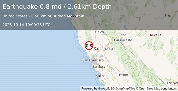 Earthquake 2 km NW of The Geysers, CA (0.8 md) (2025-10-14 10:00:23 UTC)
