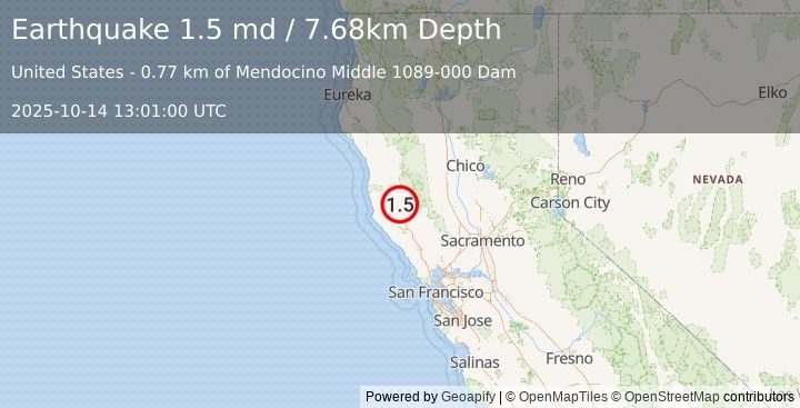 Earthquake 3 km E of Talmage, CA (1.5 md) (2025-10-14 13:01:00 UTC)