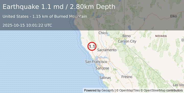 Earthquake 4 km NNW of The Geysers, CA (1.1 md) (2025-10-15 10:01:22 UTC)