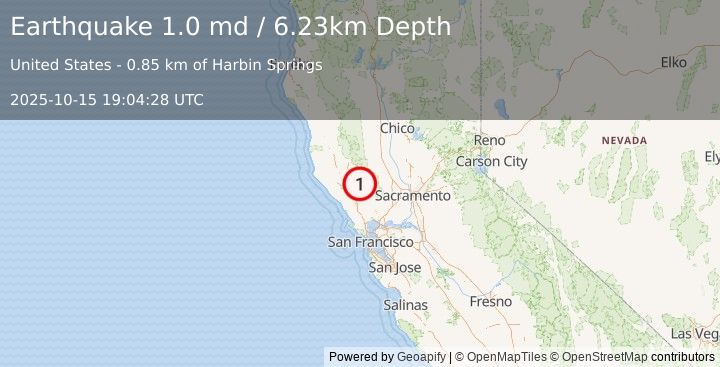 Earthquake 3 km E of Anderson Springs, CA (1.0 md) (2025-10-15 19:04:28 UTC)