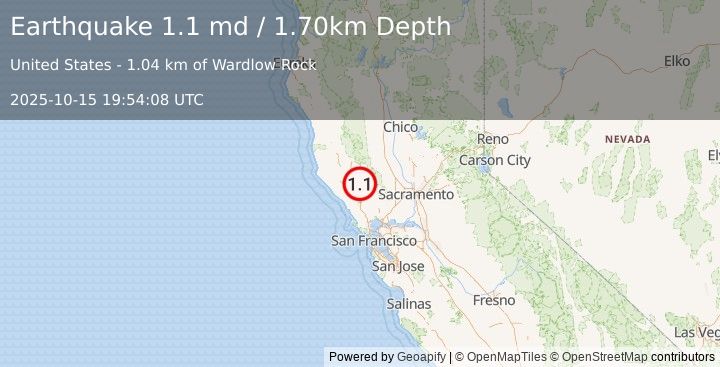 Earthquake 3 km SE of The Geysers, CA (1.1 md) (2025-10-15 19:54:08 UTC)