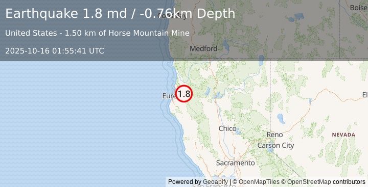 Earthquake 10 km SW of Willow Creek, CA (1.8 md) (2025-10-16 01:55:41 UTC)