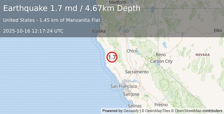 Earthquake 9 km ESE of Willits, CA (1.7 md) (2025-10-16 12:17:24 UTC)