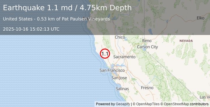 Earthquake 6 km SE of Cloverdale, CA (1.1 md) (2025-10-16 15:02:13 UTC)