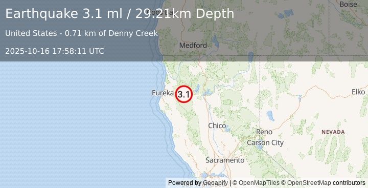 Earthquake 23 km NNW of Hayfork, CA (3.1 ml) (2025-10-16 17:58:11 UTC)