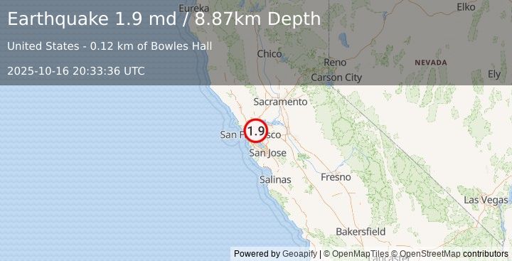 Earthquake 2 km E of Berkeley, CA (1.9 md) (2025-10-16 20:33:36 UTC)
