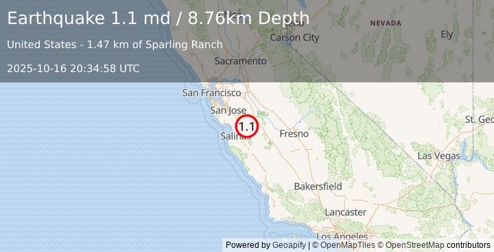 Earthquake 13 km NE of Hollister, CA (1.1 md) (2025-10-16 20:34:58 UTC)