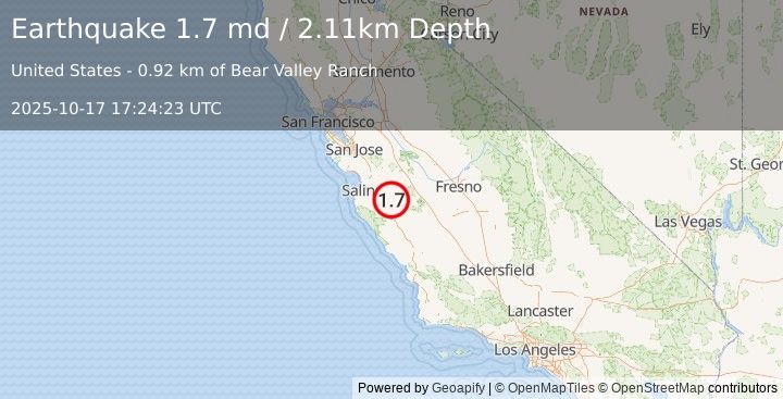 Earthquake 1 km SSE of Pinnacles, CA (1.7 md) (2025-10-17 17:24:23 UTC)