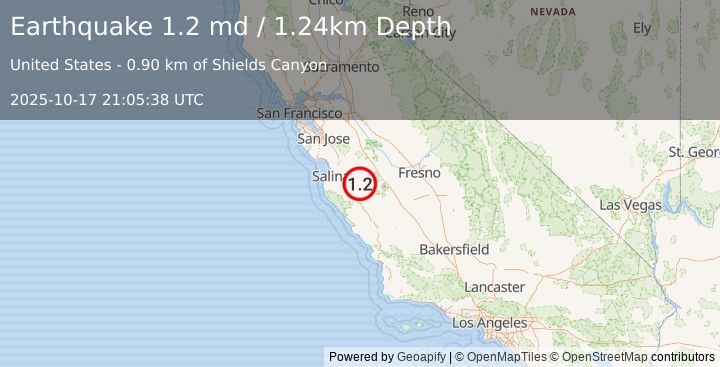 Earthquake 5 km ENE of Pinnacles, CA (1.2 md) (2025-10-17 21:05:38 UTC)