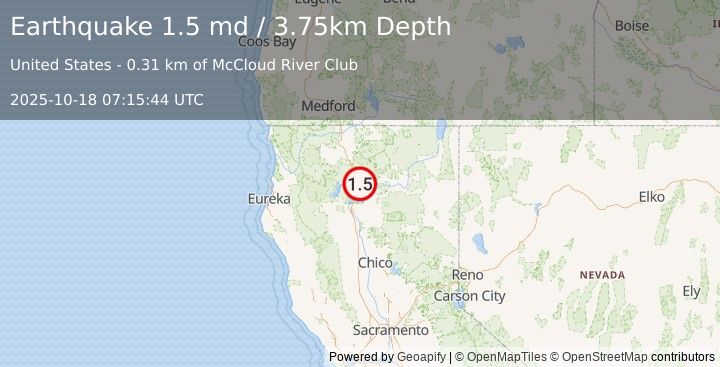 Earthquake 20 km SSE of Dunsmuir, CA (1.5 md) (2025-10-18 07:15:44 UTC)