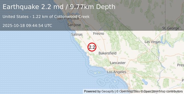Earthquake 10 km NNW of Cholame, CA (2.2 md) (2025-10-18 09:44:54 UTC)