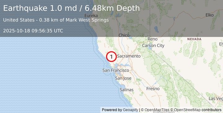 Earthquake 4 km NNE of Larkfield-Wikiup, CA (1.0 md) (2025-10-18 09:56:35 UTC)