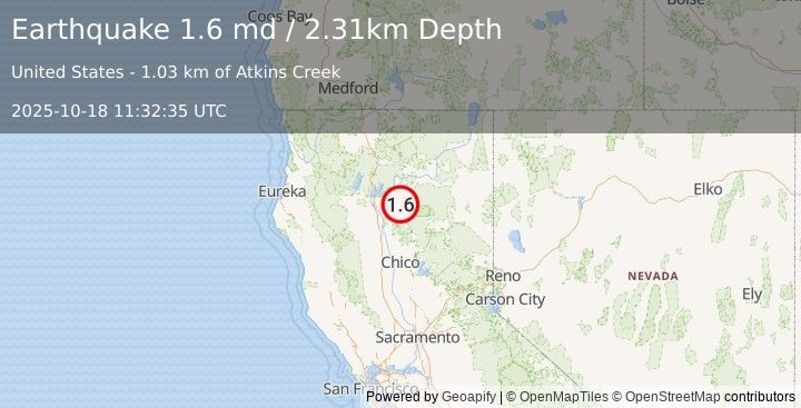 Earthquake 13 km NNE of Shingletown, CA (1.6 md) (2025-10-18 11:32:35 UTC)