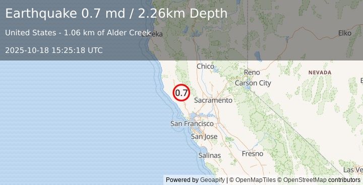 Earthquake 12 km ENE of Cloverdale, CA (0.7 md) (2025-10-18 15:25:18 UTC)