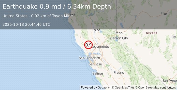 Earthquake 13 km NNW of Angwin, CA (0.9 md) (2025-10-18 20:44:46 UTC)